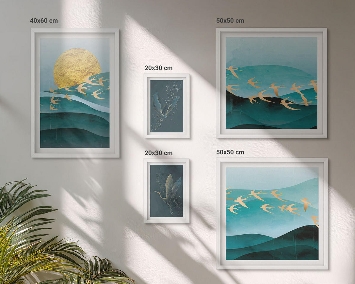 BILDER SET 5er Set - 50x50 cm & 20x30 cm & 40x60 cm Weißer Rahmen - Stilvolle Landschaften mit Vögeln - Weiß, Kunststoff (40/60cm) - TULUP