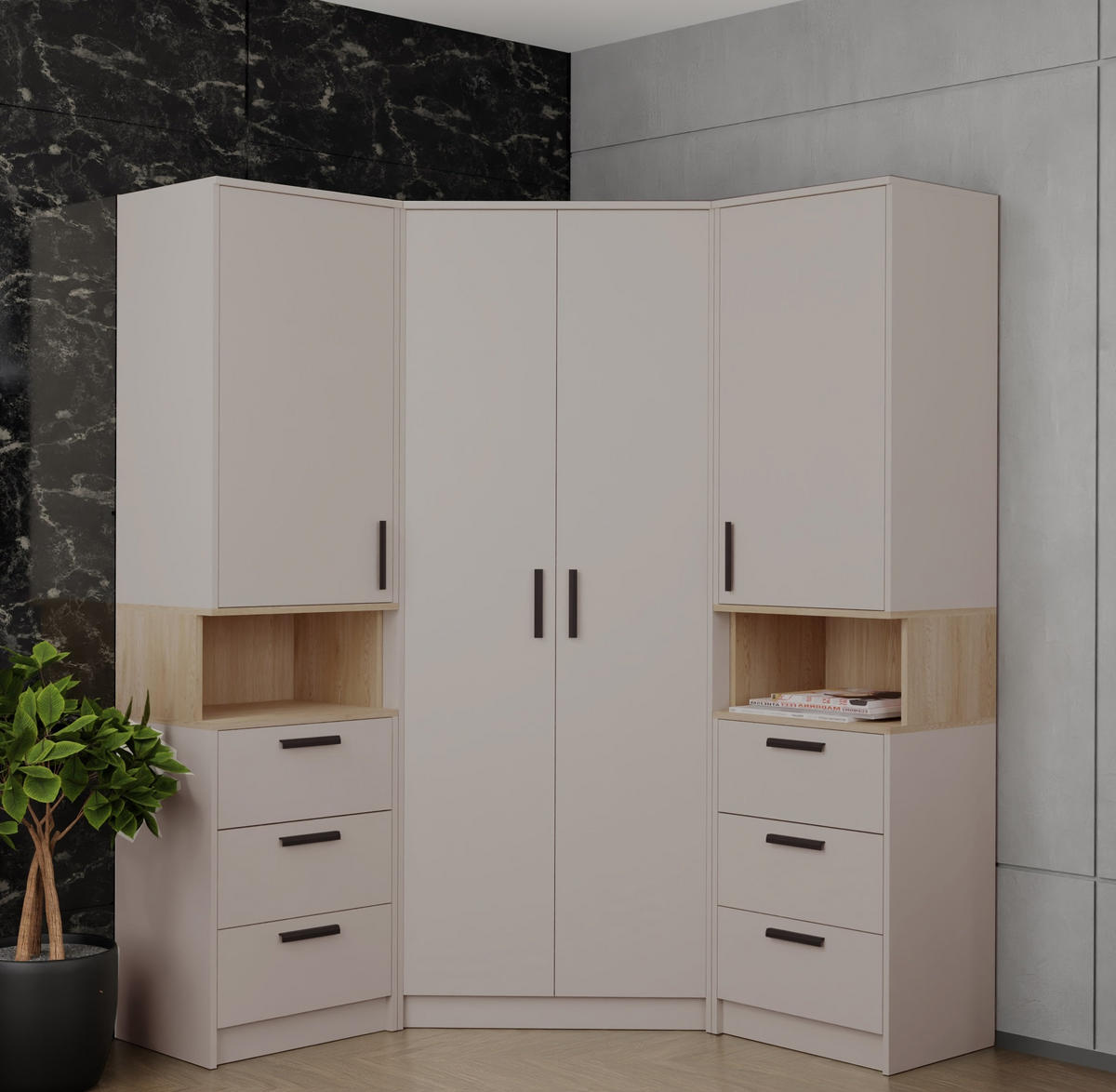 ECKSCHRANK ZWEI REGALE GRANT SET 17/C GRAUBEIGE CASHMERE 143/195/143 - Kaschmir/Schwarz, Holzwerkstoff (143/143/195cm) - Marmex Möbel