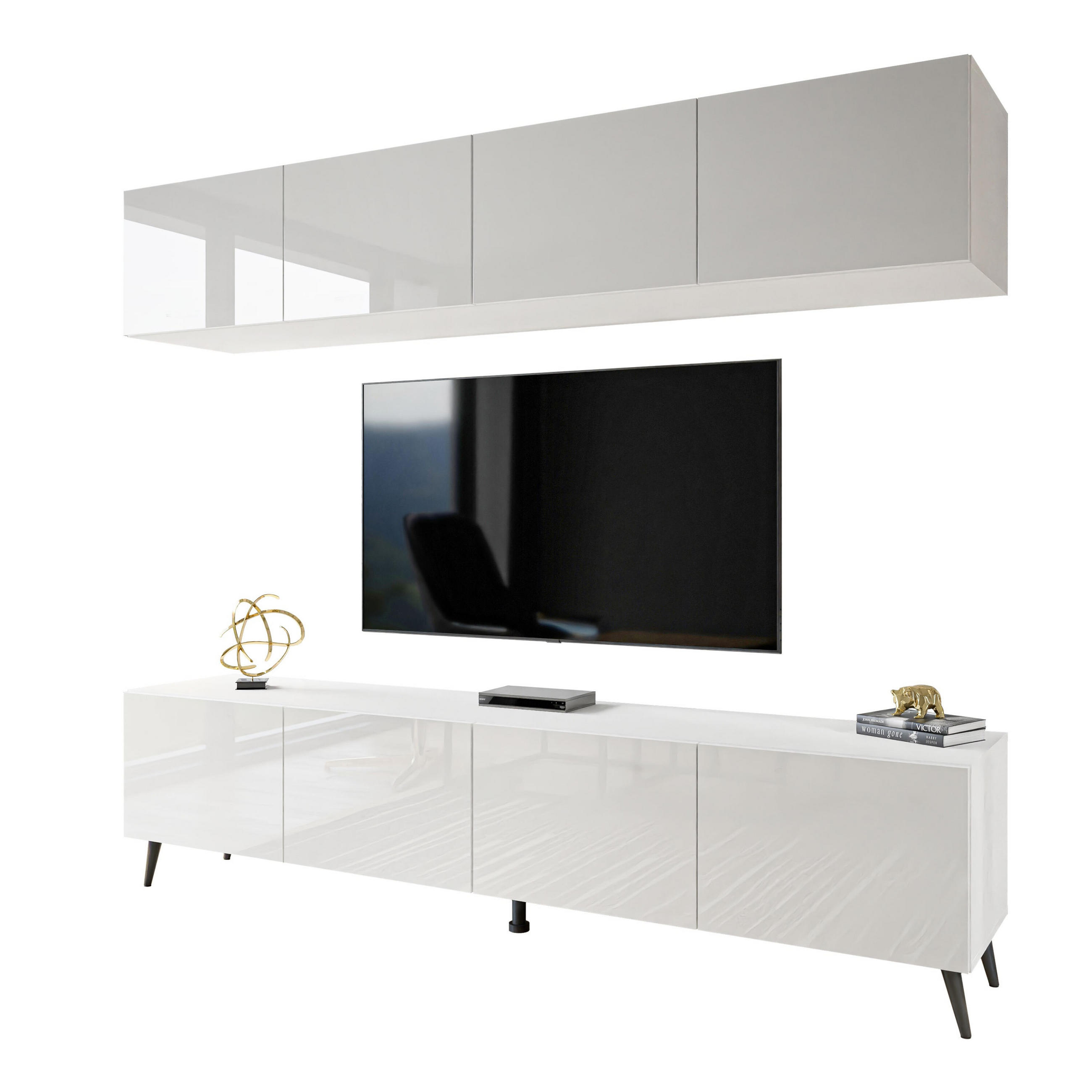 WOHNWÄNDE AURA PUSH-OPEN Weiß Hochglanz mit LED-Beleuchtung – Füße in Schwarz - Weiß Hochglanz/Schwarz, Holzwerkstoff (200/49/40cm) - Lookway