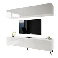 WOHNWÄNDE AURA PUSH-OPEN Weiß Hochglanz mit LED-Beleuchtung – Füße in Schwarz - Weiß Hochglanz/Schwarz, Holzwerkstoff (200/49/40cm) - Lookway