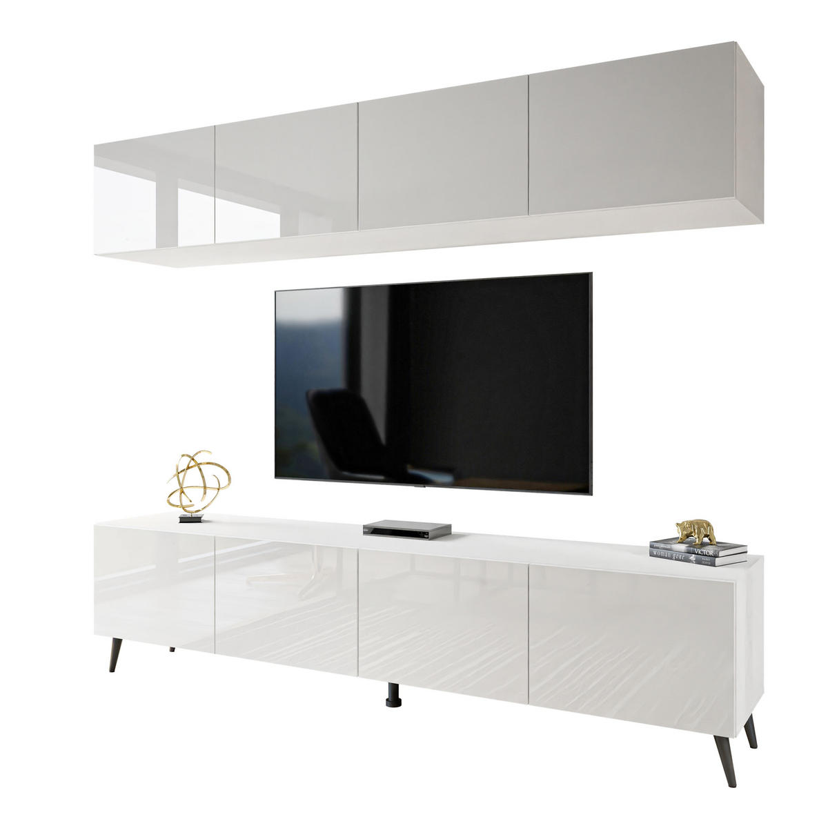 WOHNWÄNDE AURA PUSH-OPEN Weiß Hochglanz mit LED-Beleuchtung – Füße in Schwarz - Weiß Hochglanz/Schwarz, Holzwerkstoff (200/49/40cm) - Lookway