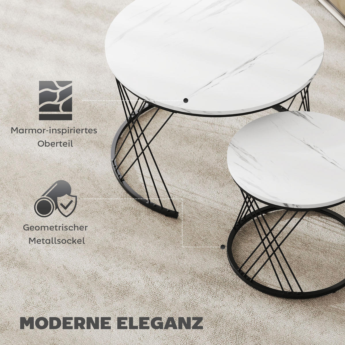 COUCHTISCHE im 2er-Set, Marmoroptik, Spanplatte, Metall, runde Kaffeetische für Wohnzimmer, ineinanderstellbar, Weiß - Weiß, Holzwerkstoff (70/70/46.5cm)