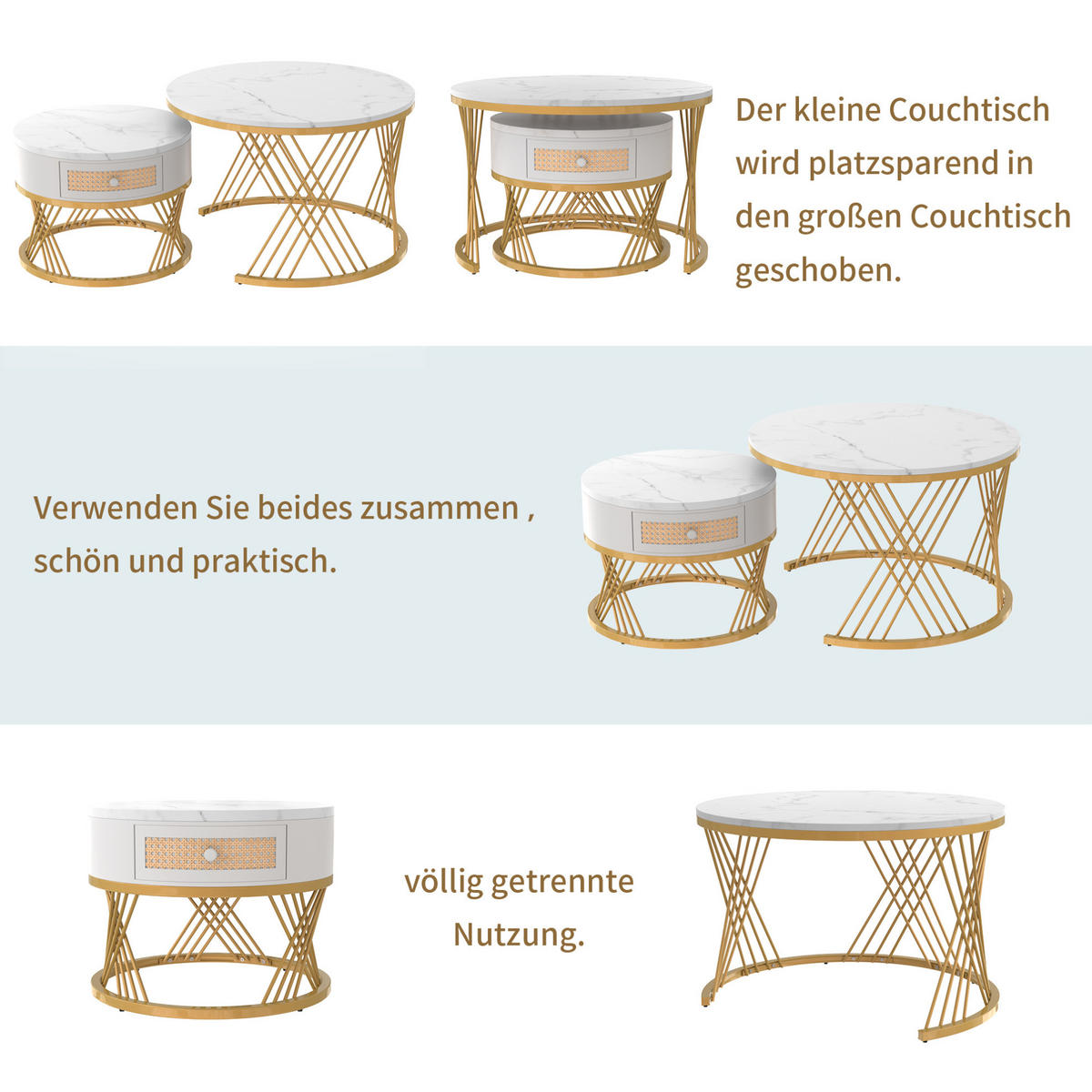 COUCHTISCH-SET aus MDF und Metall 70x70x45,5 cm Weiß/Gold mit Schublade - Weiß, Holzwerkstoff (70/70/45.5cm) - IVMEU