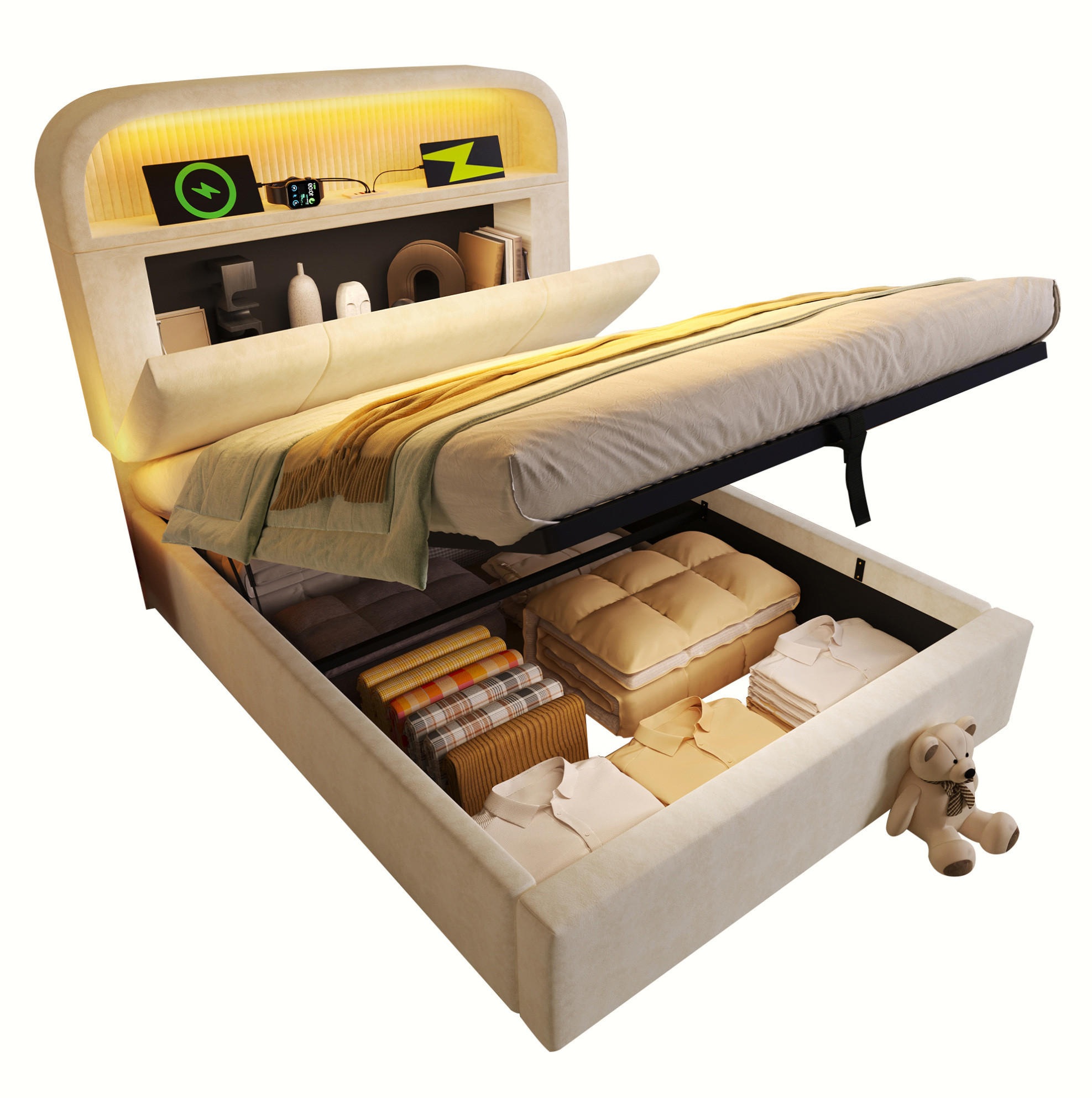 SAMT-POLSTERBETT 90/200 cm mit Bettkasten, LED-Beleuchtung und Ladestation - Beige, Textil (90/200cm) - BEAOK