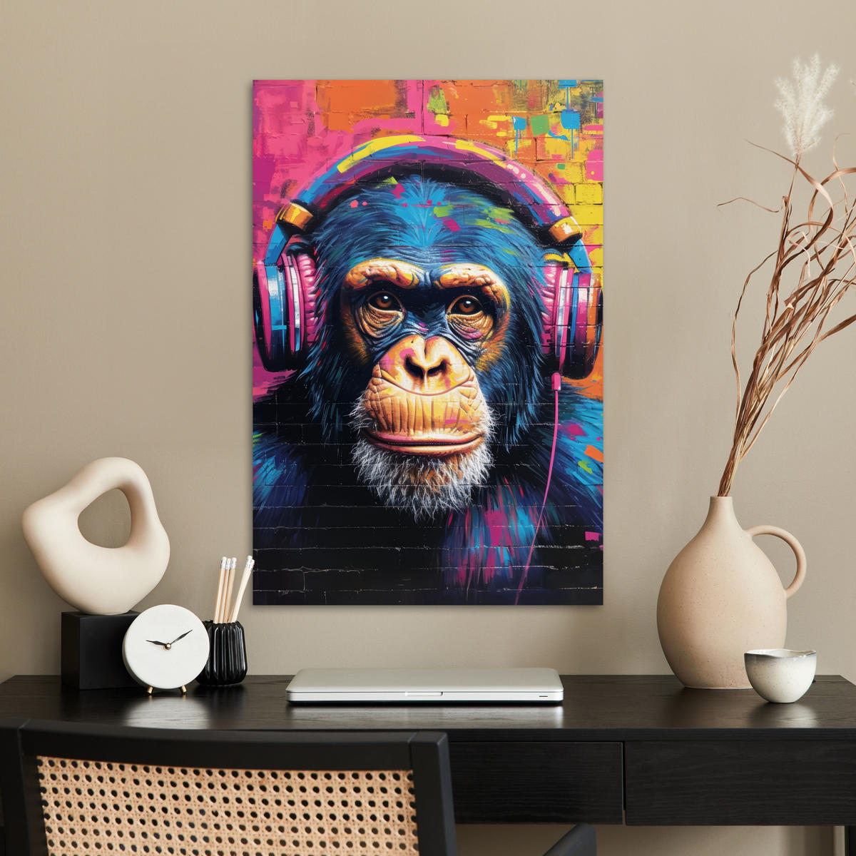 POSTER Graffiti - Schimpanse - Straßenkunst - Kopfhörer - Affe 40x60 cm - Blau, Papier (40/60/0.1cm) - MuchoWow