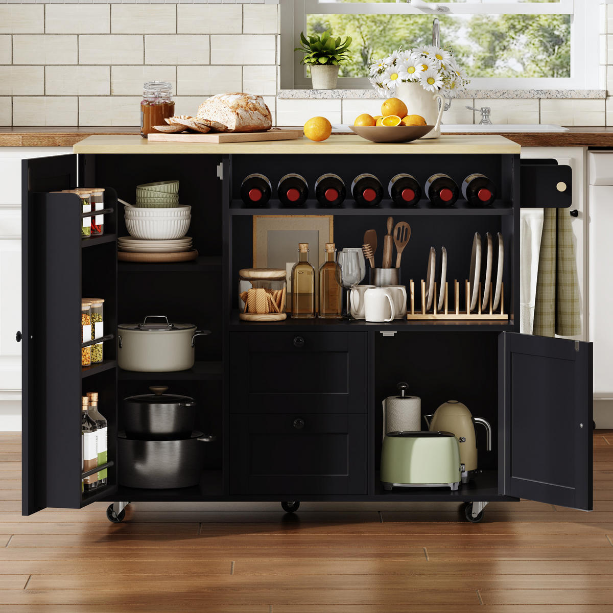 KÜCHENINSEL 89 cm MDF Natur Schwarz mit Klappbarer Arbeitsplatte und Weinregal - Schwarz, Holzwerkstoff (69/89/104cm) - Korfee