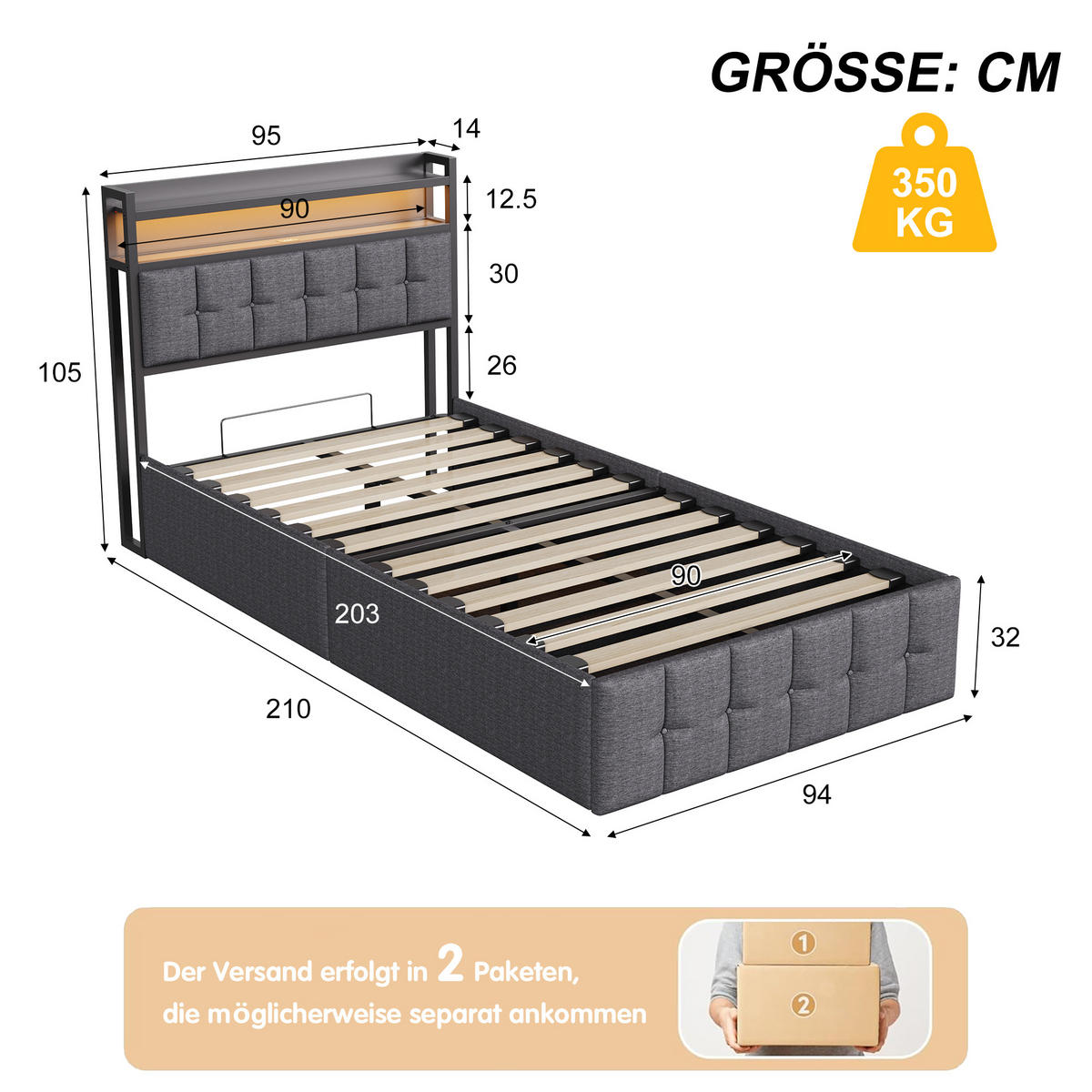 POLSTERBETT 90x200 cm Grau mit LED Beleuchtung, Kopfteil mit Ablage und USB/Type-C, Stauraumbett hydraulisch - Grau, Metall (90/200cm) - EuroLiving