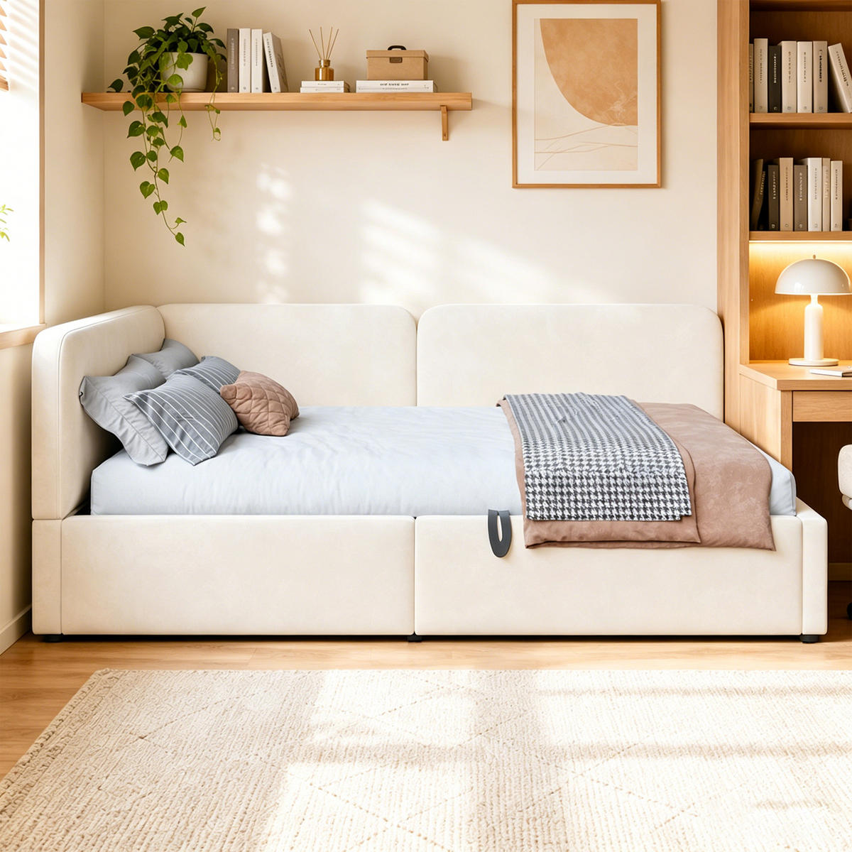 TAGESBETT 140/200 mit Bettkasten, Samtbezug, Lattenrost, Beige - Beige, Holz/Textil - LVHOM