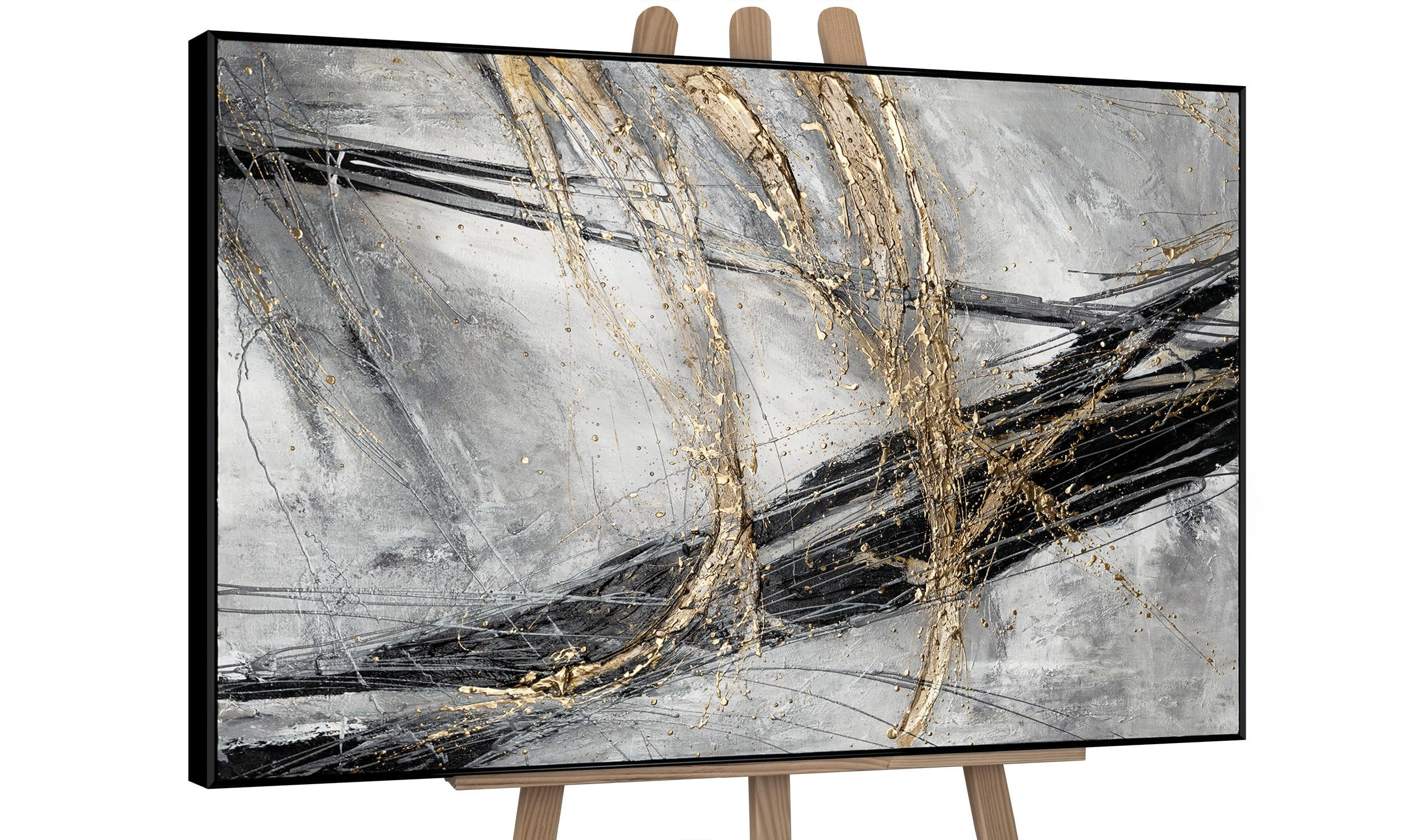 GEMÄLDE Goldener Strich II Schattenfugenrahmen Schwarz 120x80 cm - Schwarz, Holz (120/80cm) - YS-art gallery