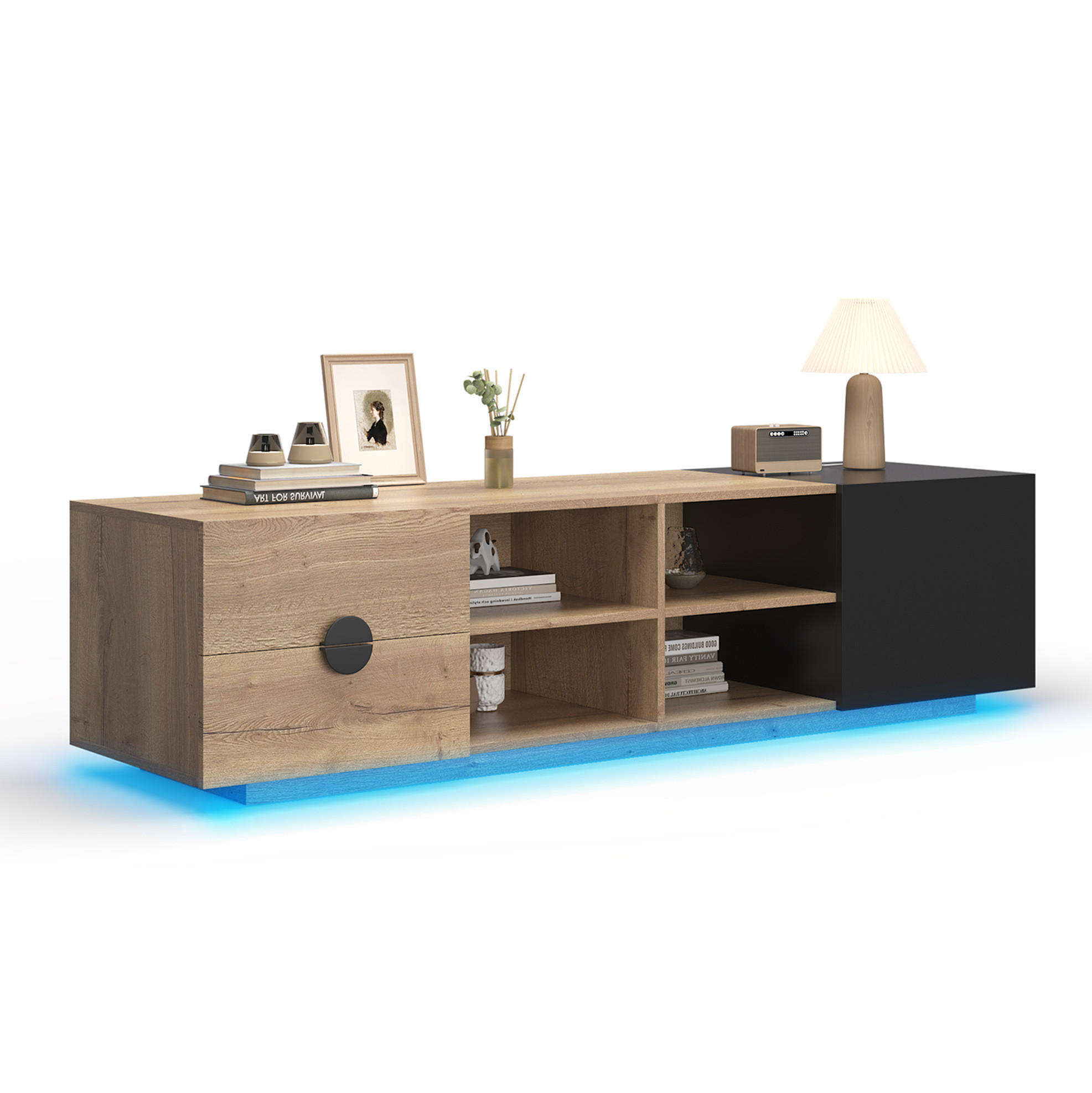 TV-LOWBOARD 180/38,5/47 cm mit Schublade, Schrankfach und LED-Beleuchtung - Schwarz, Holzwerkstoff (180/47/38.5cm) - BEAOK