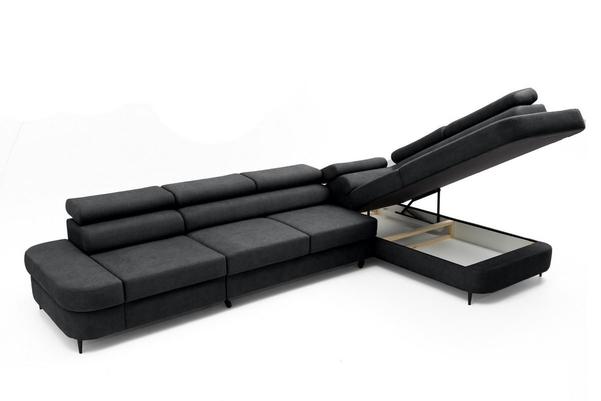 ECKSOFA PRIAM MAXI L-Form mit Schlaffunktion & Bettkasten, 6-Sitzer, 350cm, Verstellbare Kopfstützen, Ottomane Rechts - Anthrazit, Holz/Textil (350/203cm) - Muffo