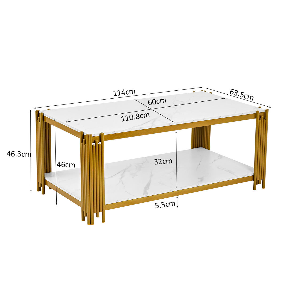 COUCHTISCH aus MDF 114x63x46 cm und Metall Weiß-Gold mit 2 Ablagen - Weiß, Holzwerkstoff (114/63.5/46.3cm) - IVMEU