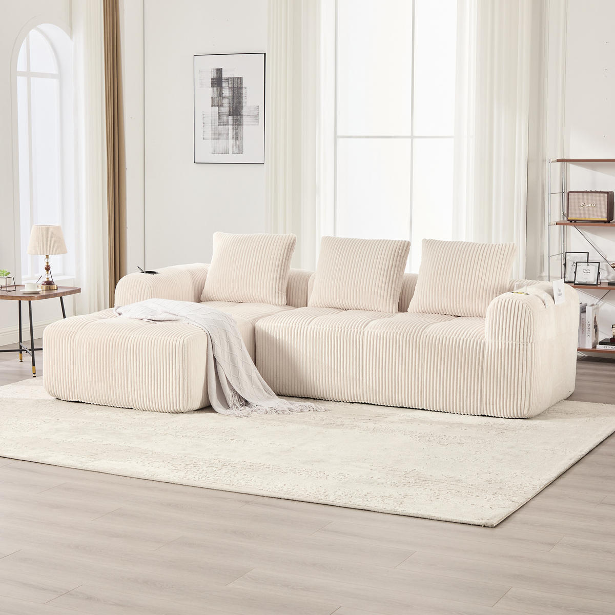 KOMPAKTSOFA Cord mit modularen Elementen und Becherhalter 253/158/61 cm Beige - Beige, Textil (158/253cm) - Redom