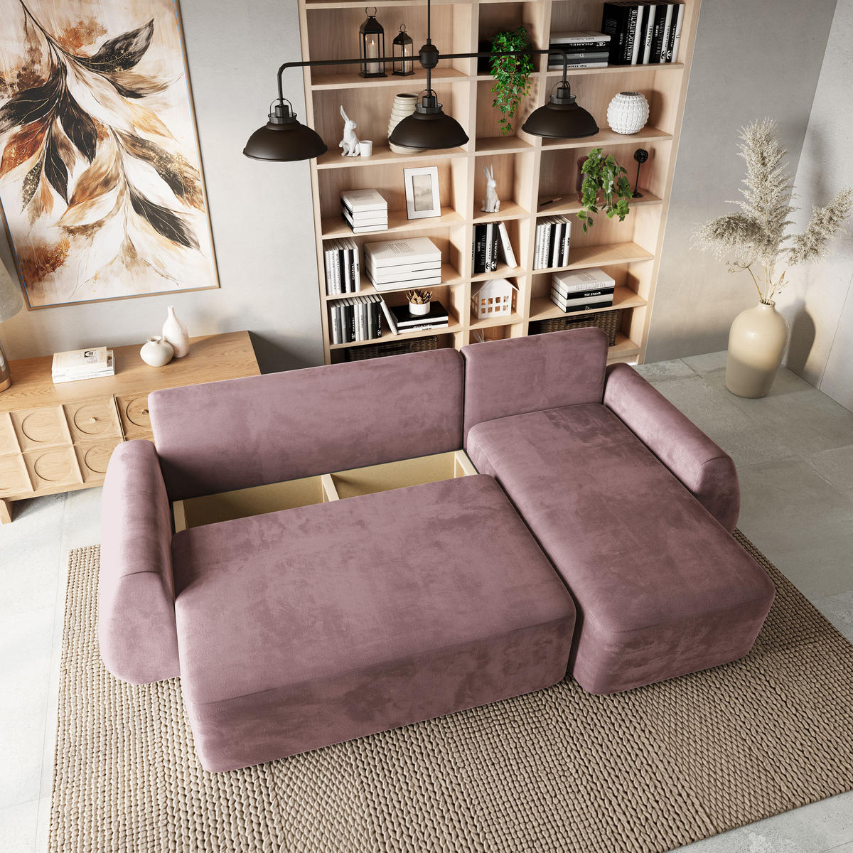 ECKSOFA GALVIS Lila Velours-Stoff mit Schlaffunktion - Lila, Holz (256/156cm) - MASSENO