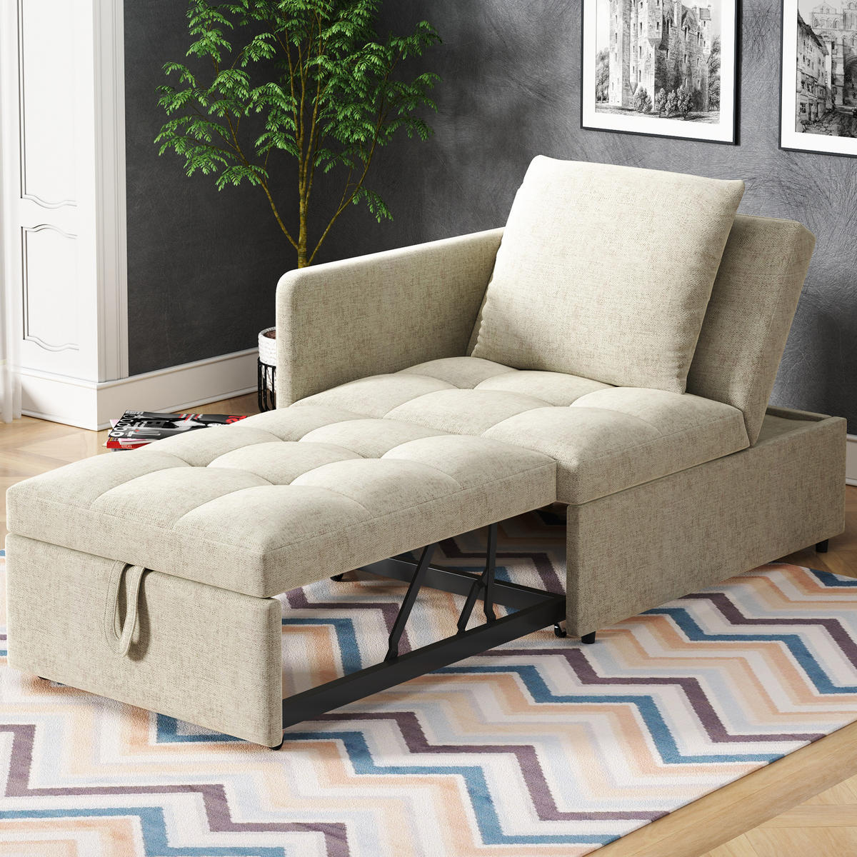 SCHLAFSOFA 3-in-1 Leinenstoff mit 5-fach verstellbarer Rückenlehne Beige 177/68/65 cm - Beige, Textil (68/65/177cm) - Redom