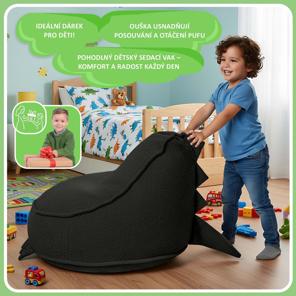 SITZSACK FÜR KINDER Dino 75/75/55 cm, weicher Bouclé 315 g/m², abnehmbarer Bezug, Steel Grey - Dunkelgrau, Textil (75/55/75cm) - Dreamroots