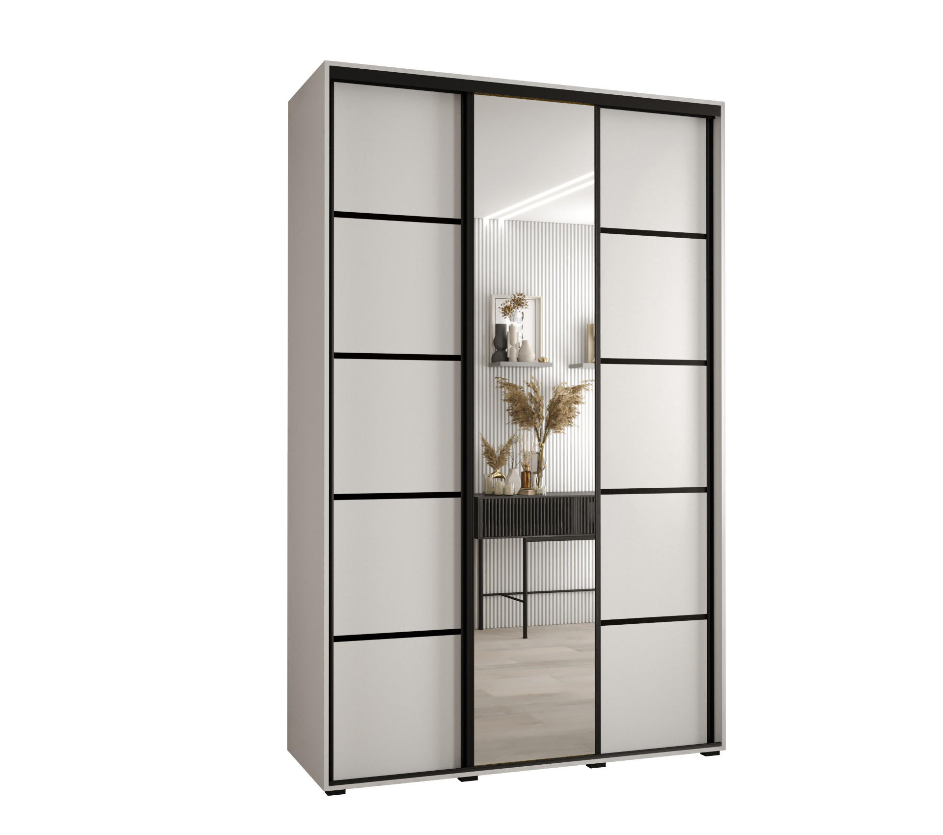 Abiks Möbel SCHWEBETÜRENSCHRANK Weiß, Weiß, Schwarz 150cm × 60cm × 235cm