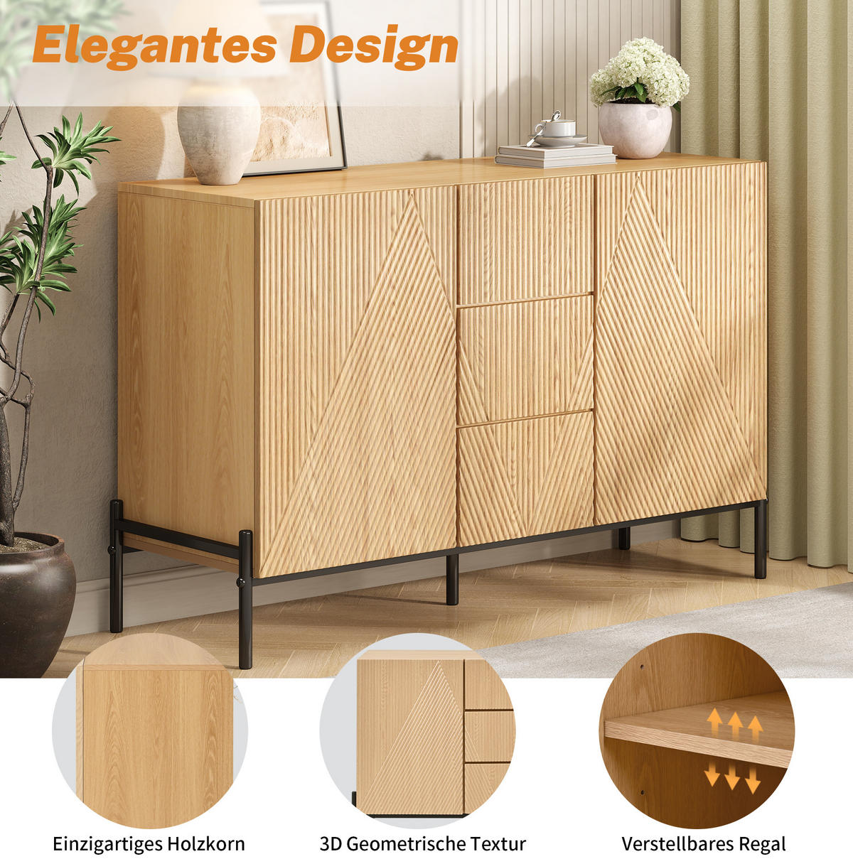 SIDEBOARD 115,5/40/76 cm in Natur mit 2 Türen & 3 Schubladen - Naturfarben, Holzwerkstoff (115.5/76/40cm) - BEAOK