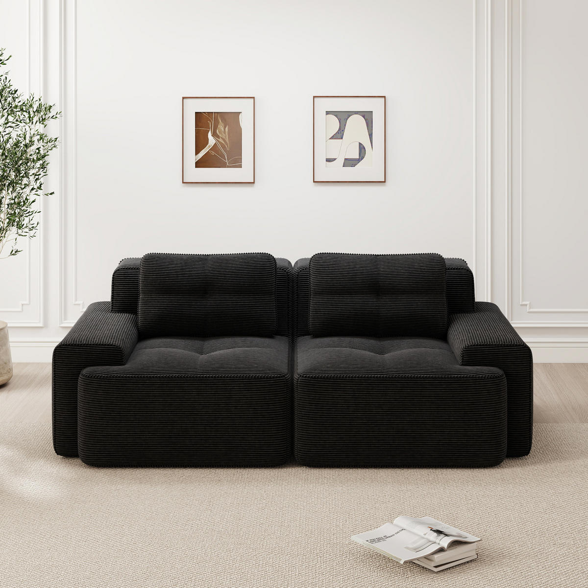 2-SITZER Sofa mit Tiefsitz, geschwungener Rückenlehne, rutschfester Basis und breiten Armlehnen, Schwarz - Schwarz, Textil (204/69/104cm) - Redom
