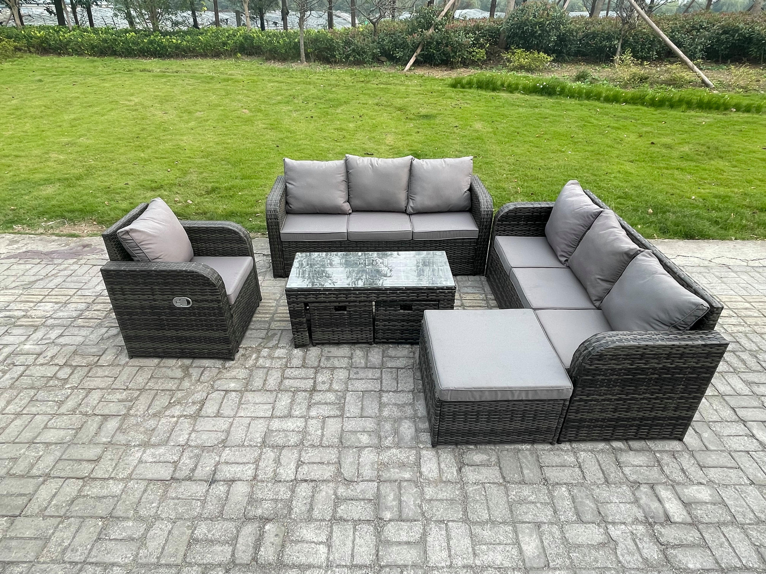 GARTENSOFA SET mit rechteckigem COUCHTISCH Polyrattan 10-Sitzer Dunkelgrau - Dunkelgrau/Grau, Glas/Kunststoff - Fimous