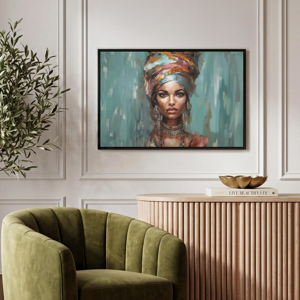 LEINWAND Bilder mit Rahmen - Frau - Kunst - Schmuck - Porträt - 60x40 - Blaugrau, Textil (60/40cm) - MuchoWow