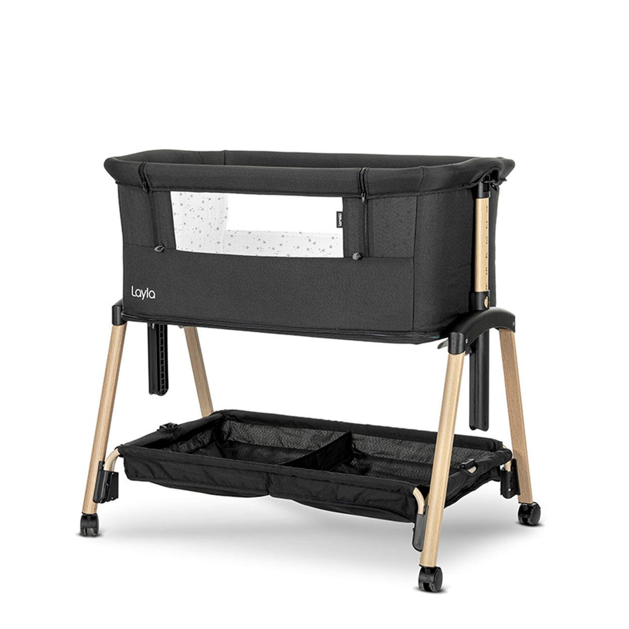 BEISTELLBETT Layla 2 in 1 schwarz 81 x 48 cm, Laufstall, Anti-Reflux, Moskitonetz, Matratze, Räder, Korb - Schwarz, Metall (48/81cm) - Lorelli