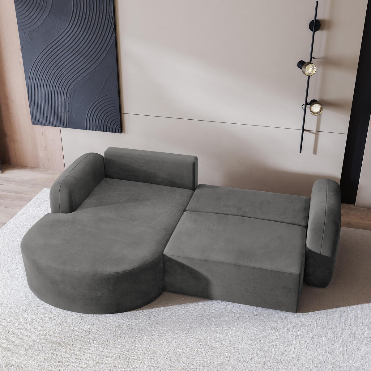 ECKSOFA AMILIA M L-S Grau Velours-Stoff mit Schlaffunktion - Grau, Holz (263/174cm) - MASSENO