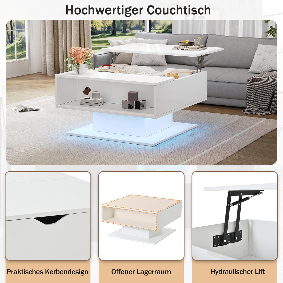 COUCHTISCH DE-004 Lift Weiß - Weiß, Holzwerkstoff (75/80/40cm) - ComfortXL