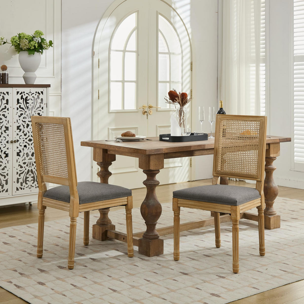 STUHL-SET DE-36376 2 Stück mit Rattan-Rückenlehne Grau - Grau, Holz (50/98.5/53cm) - ComfortXL