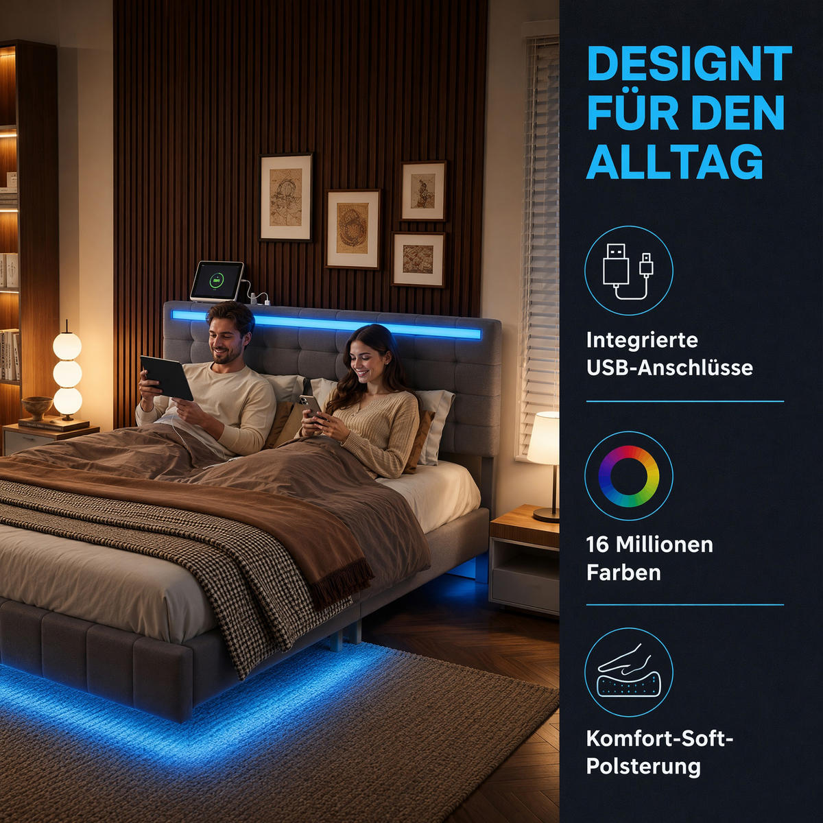 BETT 140x200 cm mit LED und USB, Doppelbett 140x200 cm mit Lattenrost, schwebendes Design, Leinenbezug Grau - Grau, Holz/Textil (140/200cm) - GENKI LIVING