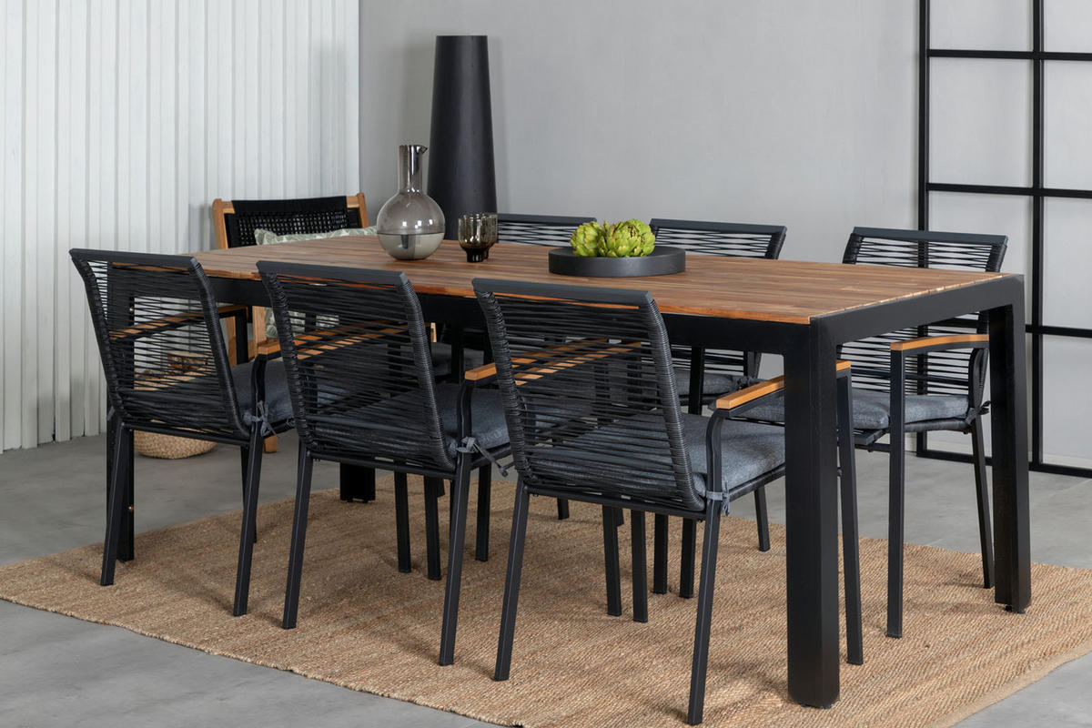 GARTENTISCHGRUPPE, Bois, Tisch Schwarz, Stühle Natur, Metall, 90 x 205 x 76 cm, 7-teilig - Schwarz, Metall - ebuy24