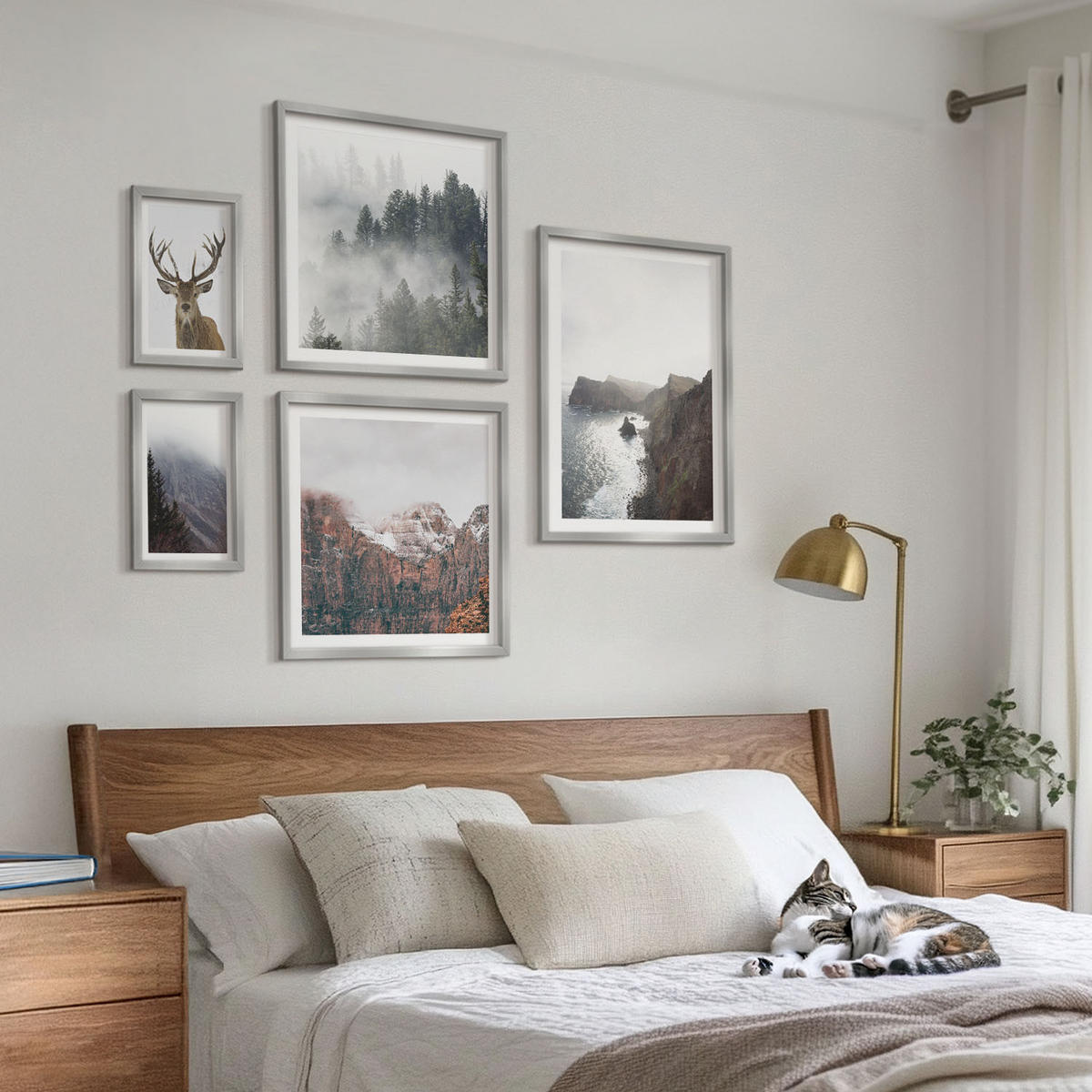 BILDER SET 5er Set - 50x50 cm & 20x30 cm & 40x60 cm Silberner Rahmen - Berglandschaft Nebel Hirsch - Silberfarben, Kunststoff (40/60cm) - TULUP