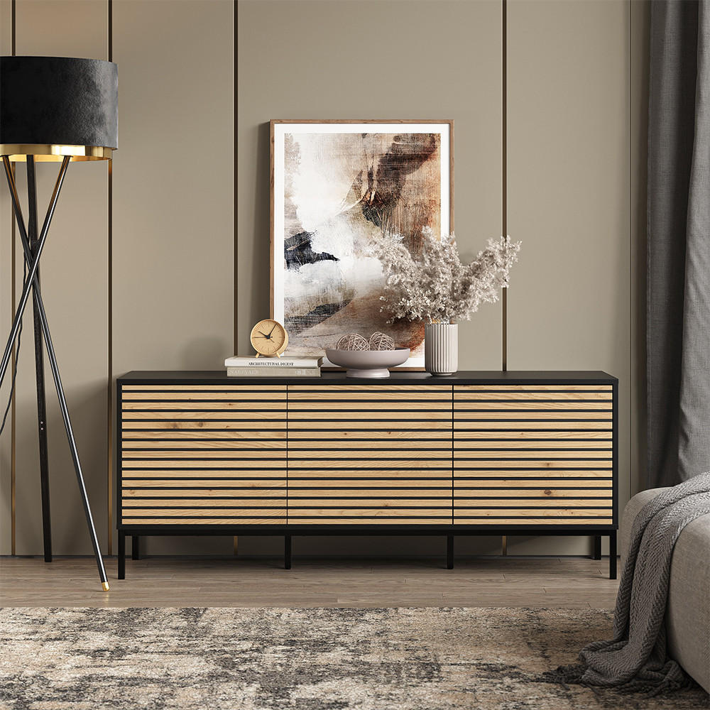 KOMMODE Eliza Schwarz/Eiche 150 x 60 cm mit 3 Schubladen - Honigeiche/Anthrazit, Holzwerkstoff (150/60/40cm) - Vicco