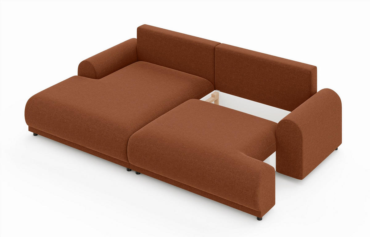 ECKSOFA mit Schlaffunktion, Bettkasten, extrabreite Ottomane links, abgerundete Armlehnen, B240/T145/H81 cm, Chenille Terracotta / 21024 - Terracotta/Schwarz, Kunststoff/Textil (240/145cm) - luma-home