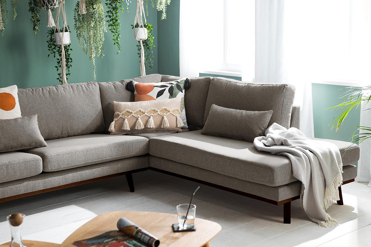 WOHNLANDSCHAFT mit Longchair - Graubraun/Buchefarben, Buchenholz/Textil (371/81/219cm) - home24