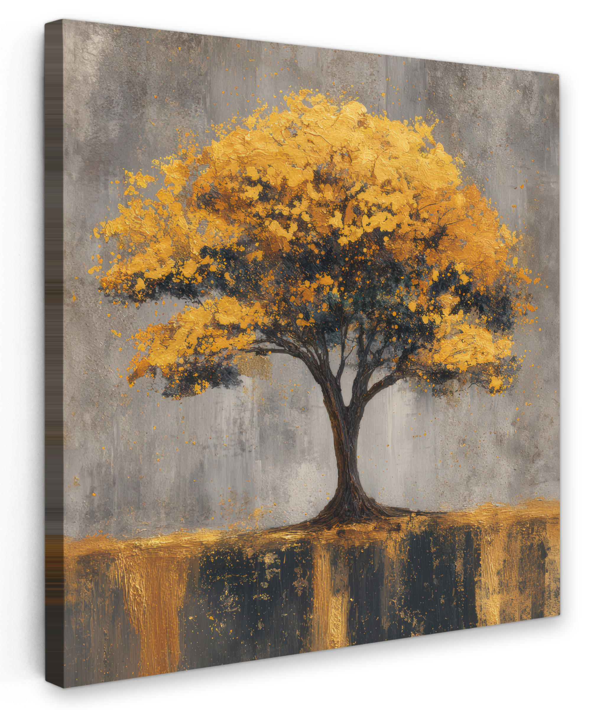 LEINWANDBILD Baum - Blätter - Gold - Abstrakt Deko Groß 90x90 cm - Grau, Textil (90/90cm) - MuchoWow