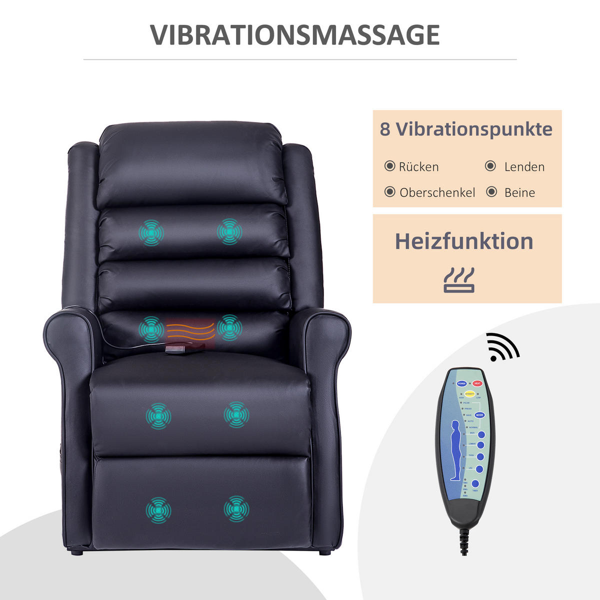 MASSAGESESSEL Aufstehsessel für Senior mit Wärmefunktion Liegefunktion Schwarz - Schwarz, Kunststoff (96/107/80cm) - HOMCOM