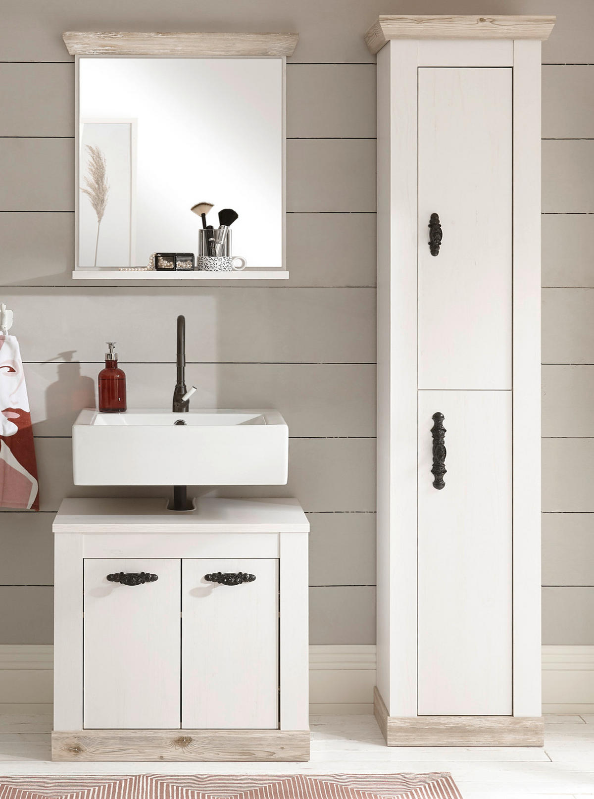 BADKOMBINATION Pinie weiß, Oslo Pinie Landhaus, Badmöbel Set 3-tlg., 122 x 200 cm - Dunkelgrau/Weiß, Holzwerkstoff/Metall (122/200/46cm) - Furn.Design