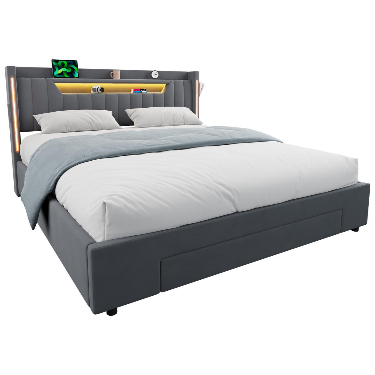 ČALOUNĚNÁ POSTEL 140 × 200 cm s úložným prostorem, zásuvkami a LED, šedá, sametový potah, bez matrace - šedá, kov/kompozitní dřevo (140/200cm) - STILVORA