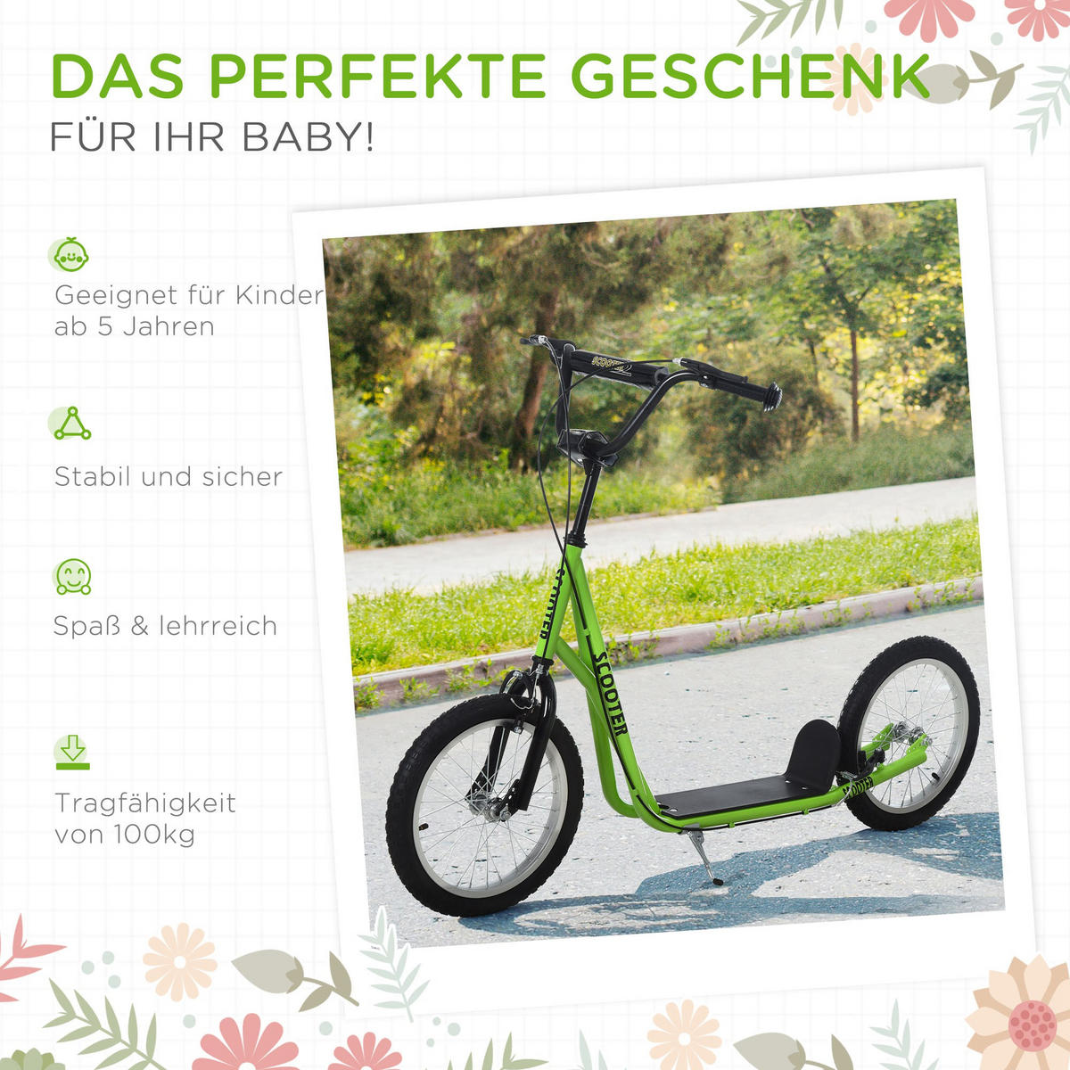 KINDERROLLER, Hellblau/Schwarz/Weiß/Grün, Stahl+ Aluminium - Grün, Metall (139/58/96cm) - HOMCOM