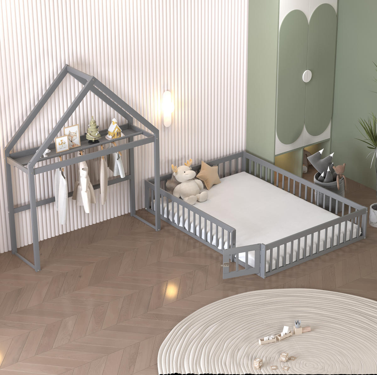 KINDERBETT 140/200 cm mit Dach, Stauraum, Tür und Lattenrost, Grau - Grau, Holzwerkstoff (140/200cm) - Redom