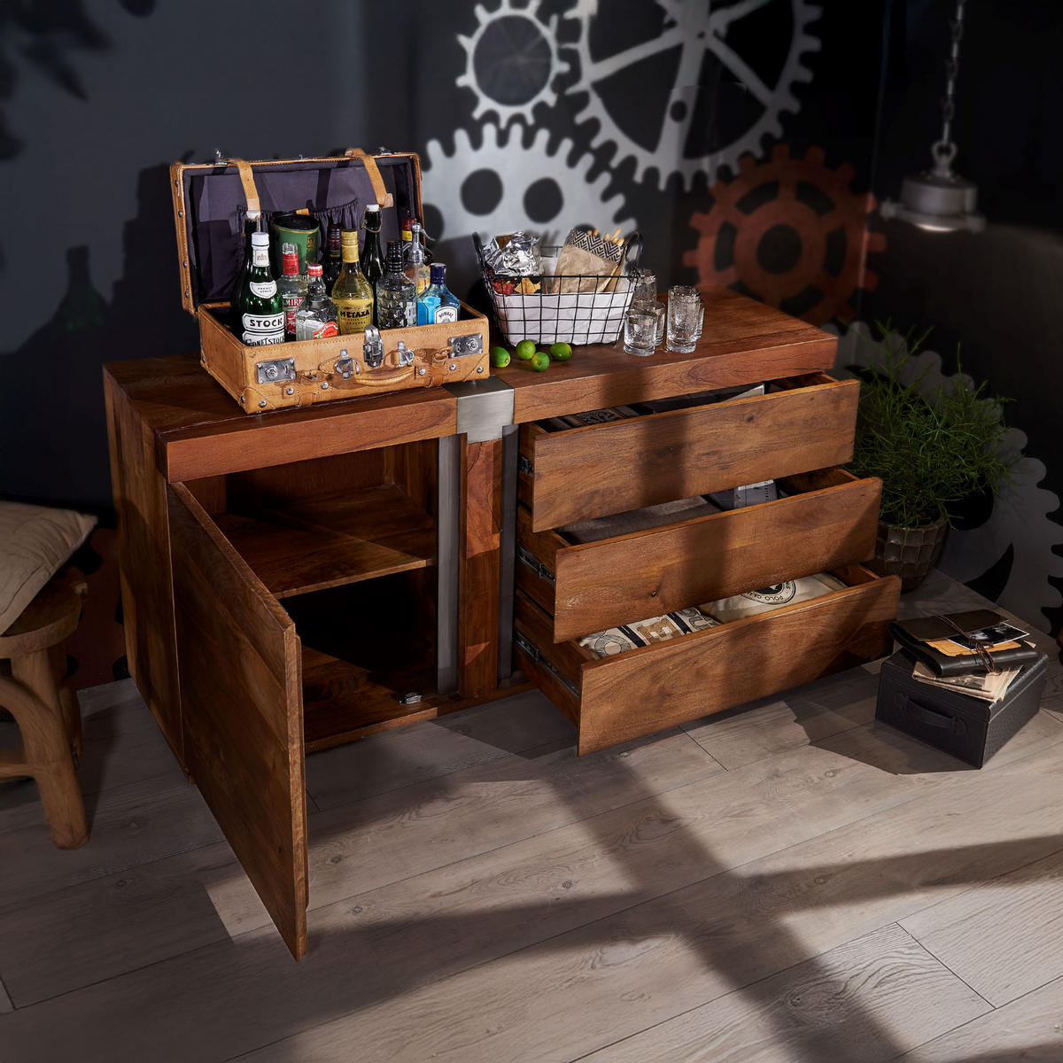 SIDEBOARD Mango 160x45x75 braun lackiert Amsterdam #10 - Braun, Holz (160/75/45cm) - Massivmoebel24