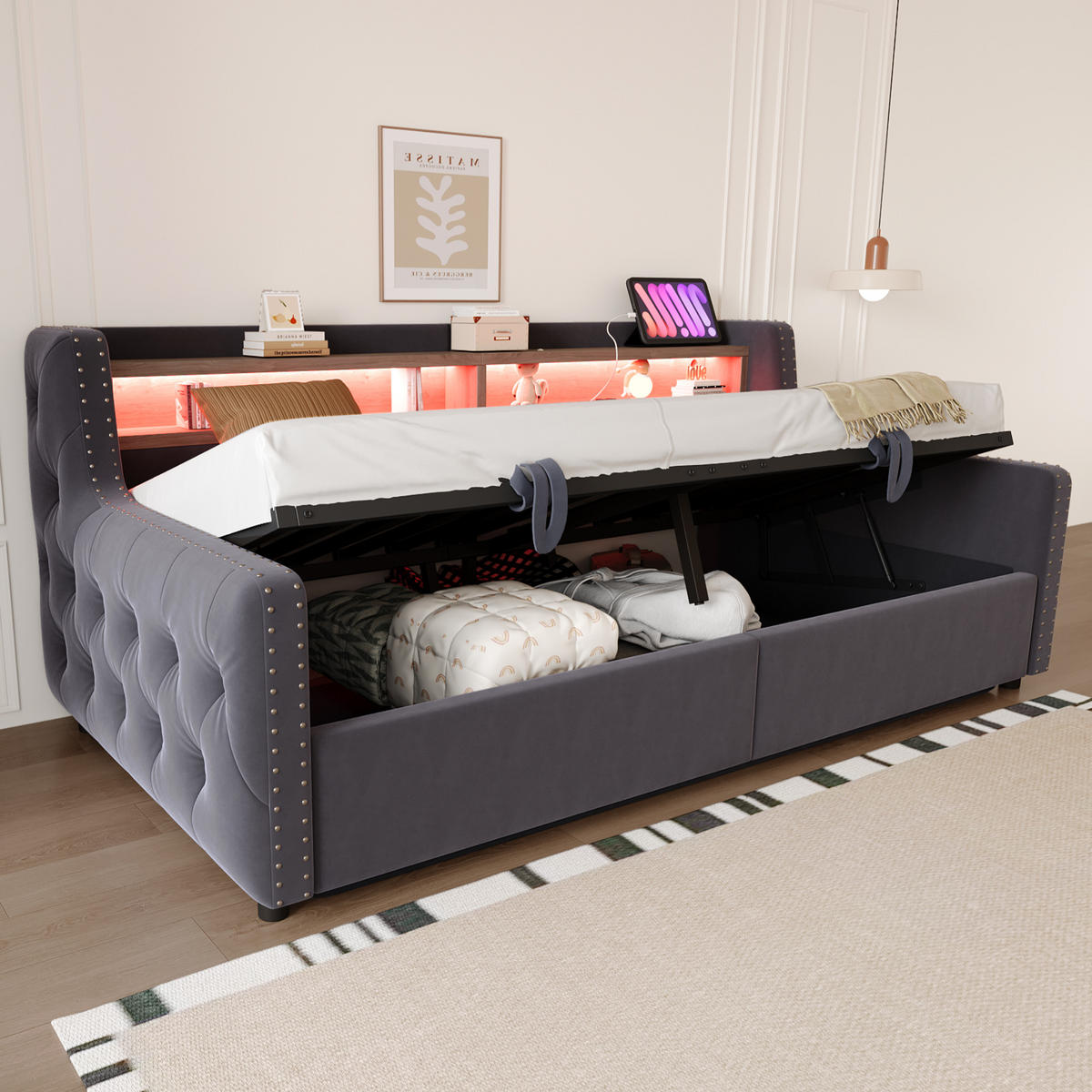 POLSTERBETT 90x200 cm LED USB Stauraum grau - Grau, Textil (90/200cm) - Fortuna Lai
