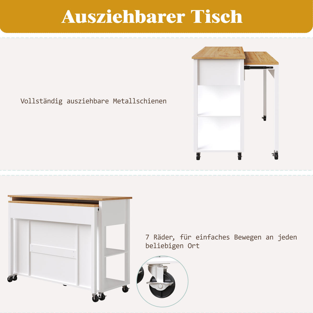 MOBILER Servierwagen 120x81.5x92cm Weiß mit 2 Schubladen & 7 Rollen - Weiß, Holzwerkstoff (120/92/81.5cm) - Modfu