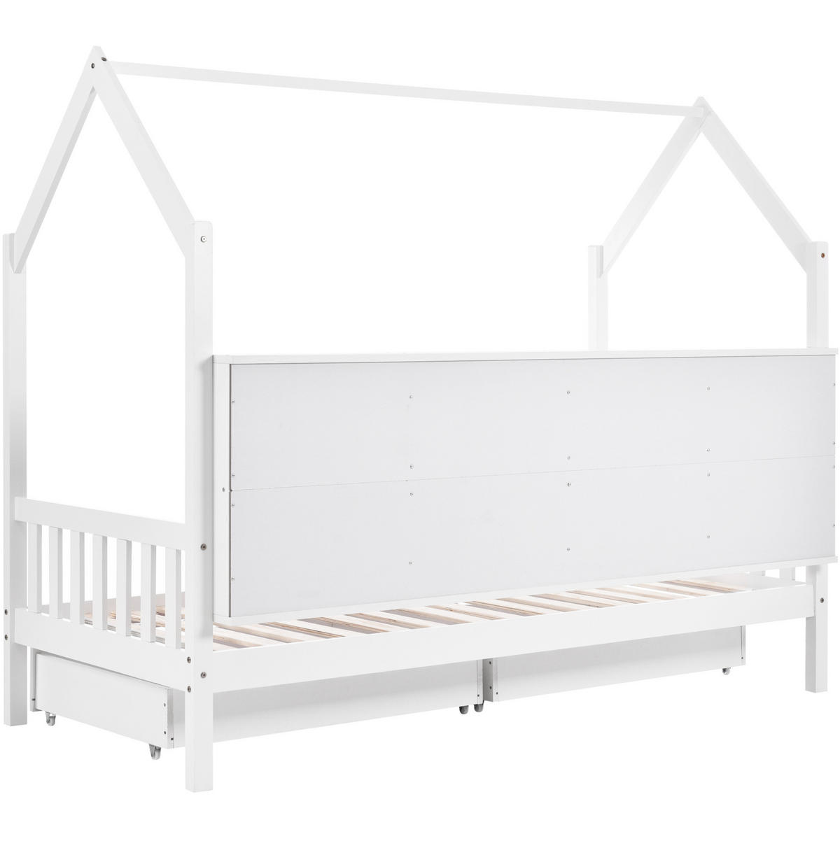 POSTELJA v obliki hiše 90/200 cm bela z regalom in 2 predaloma iz borovega lesa - bela, les (90/200cm) - OKWISH