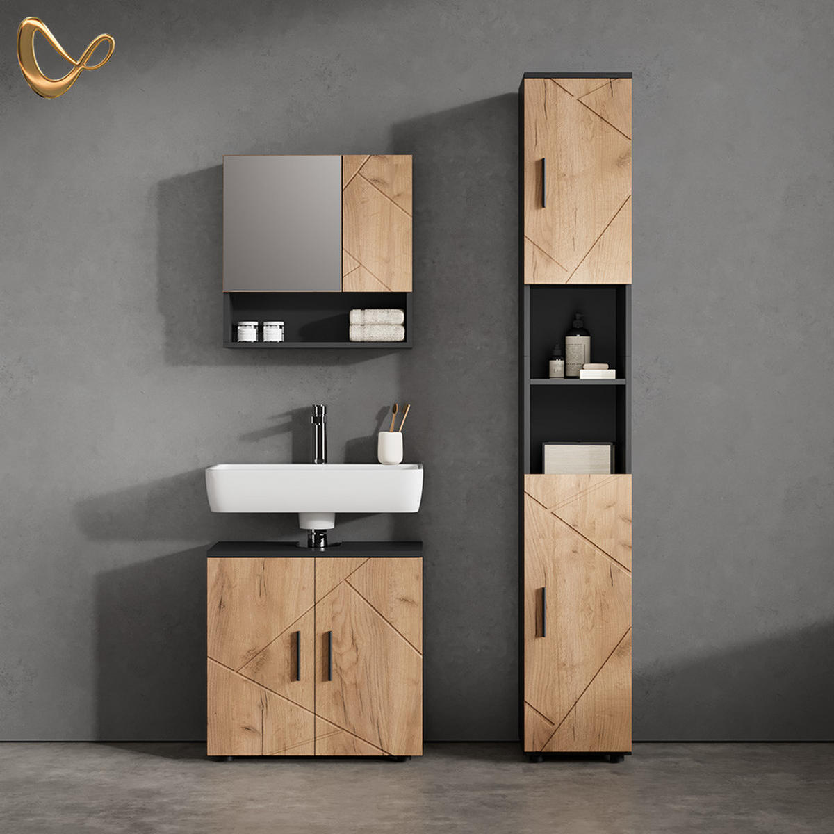 BADMÖBEL-SET Ronco Goldkraft Eiche/Anthrazit 2 Teile, Unterschrank 60 cm - Anthrazit/Eiche Wotan, Holzwerkstoff (60/59/30cm) - Livinity®