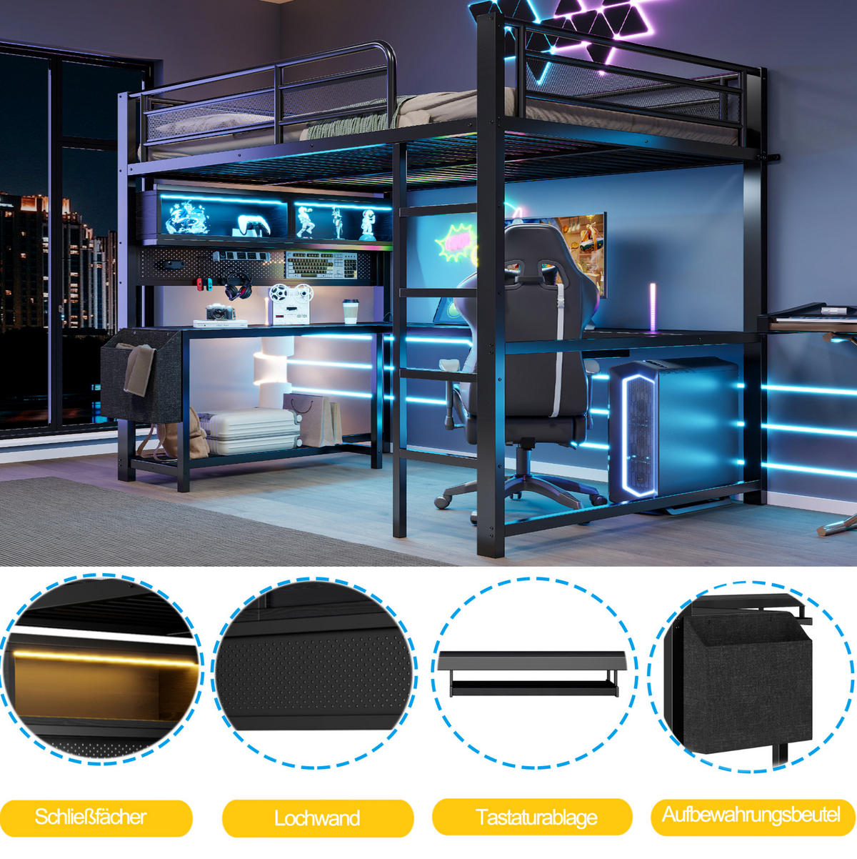 HOCHBETT 140/200 cm Schwarz mit Schreibtisch und LED - Schwarz, Metall (140/200cm) - MIVRAY