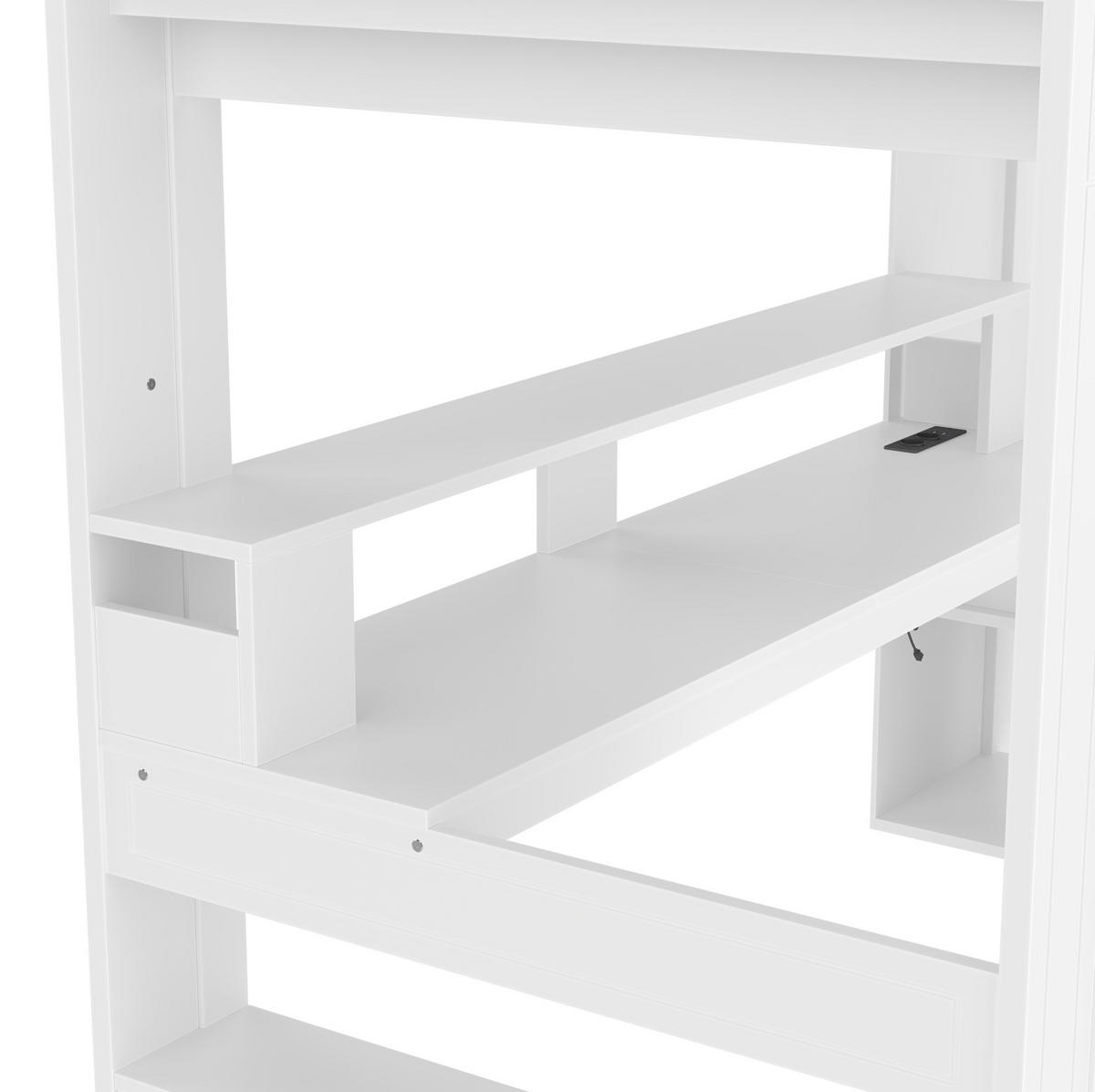 HOCHBETT aus Kiefernholz 90x200 cm Weiß mit Schreibtisch, LED-Beleuchtung, Schublade und Regalen - Weiß, Holz (90/200cm) - IVMEU