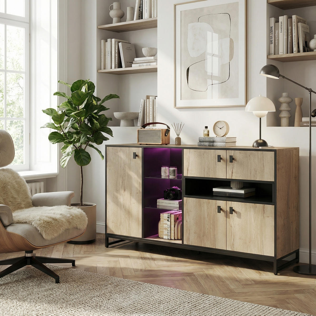 SIDEBOARD 160 cm Naturholz & Schwarz mit Doppeltüren, Glasregal & Metallrahmen im modernen Stil - Naturfarben, Holzwerkstoff (160/84.5/40cm) - Urban Meuble
