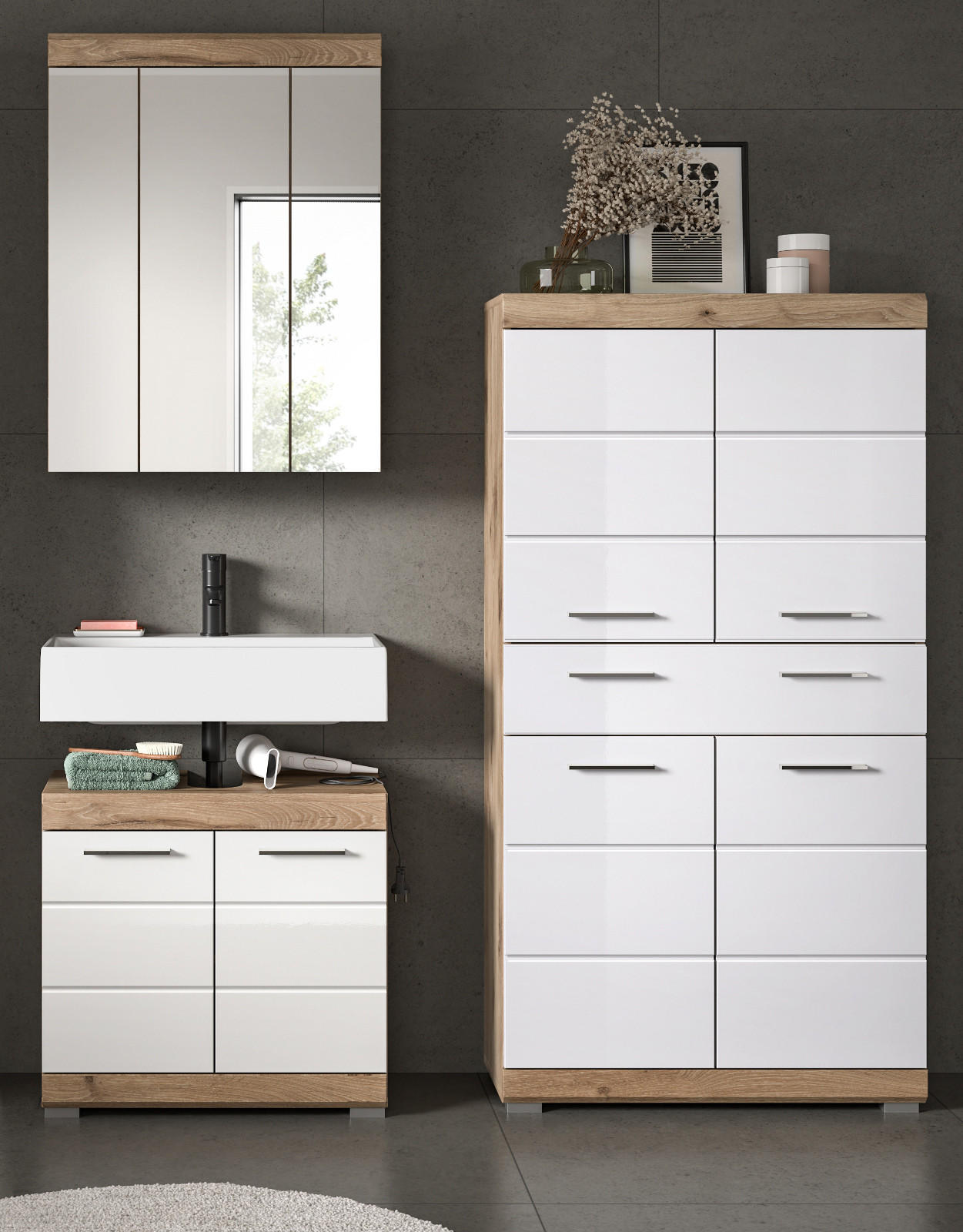 Thumbnail - Inn.Furn Badmöbel-Set, Weiß Hochglanz, Eiche, Holzwerkstoff, Glas, Metall, Uni, Holz Optik, Rechteckig, 149x191x34 cm, F...